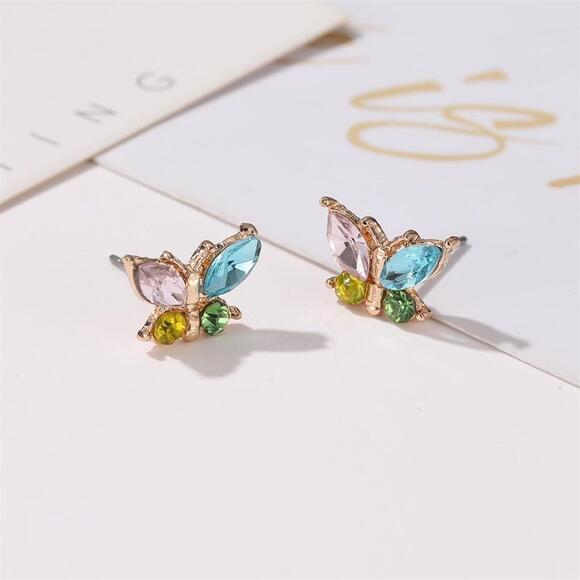 Butterfly Gemstone Stud Earrings Gold Fashion Jewelry Colorful Pink Blue Green - Picture 5 of 6